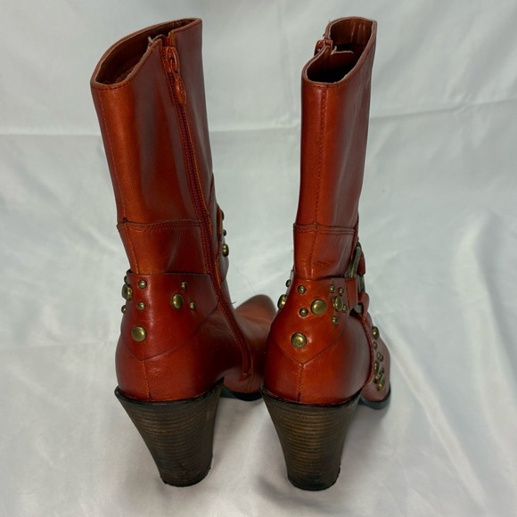 Vintage Harley Davidson Women’s 7.5 Burnt Orange Harness Heeled Boots Side Zip - Picture 5 of 14
